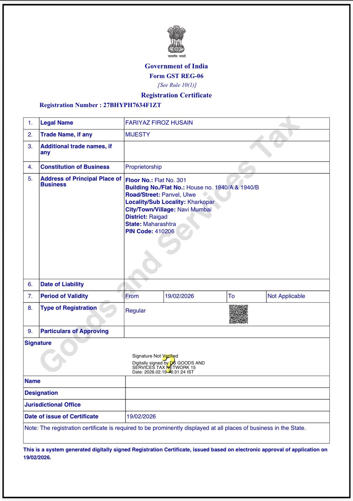 GST Registration Certificate Form REG-06